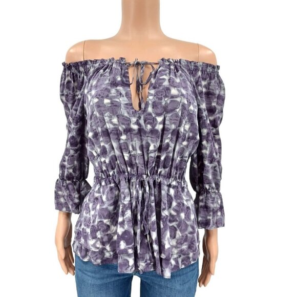 Alice + Olivia Purple Silk Geometric Abstract Off The Shoulder Peplum Blouse S - Picture 1 of 6